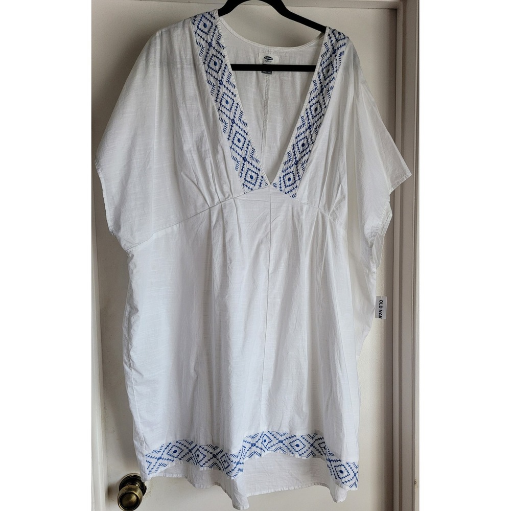 Old Navy Tunic XXL Sleeveless V-Neck White Blue Geometric Boho Casual Top NWT